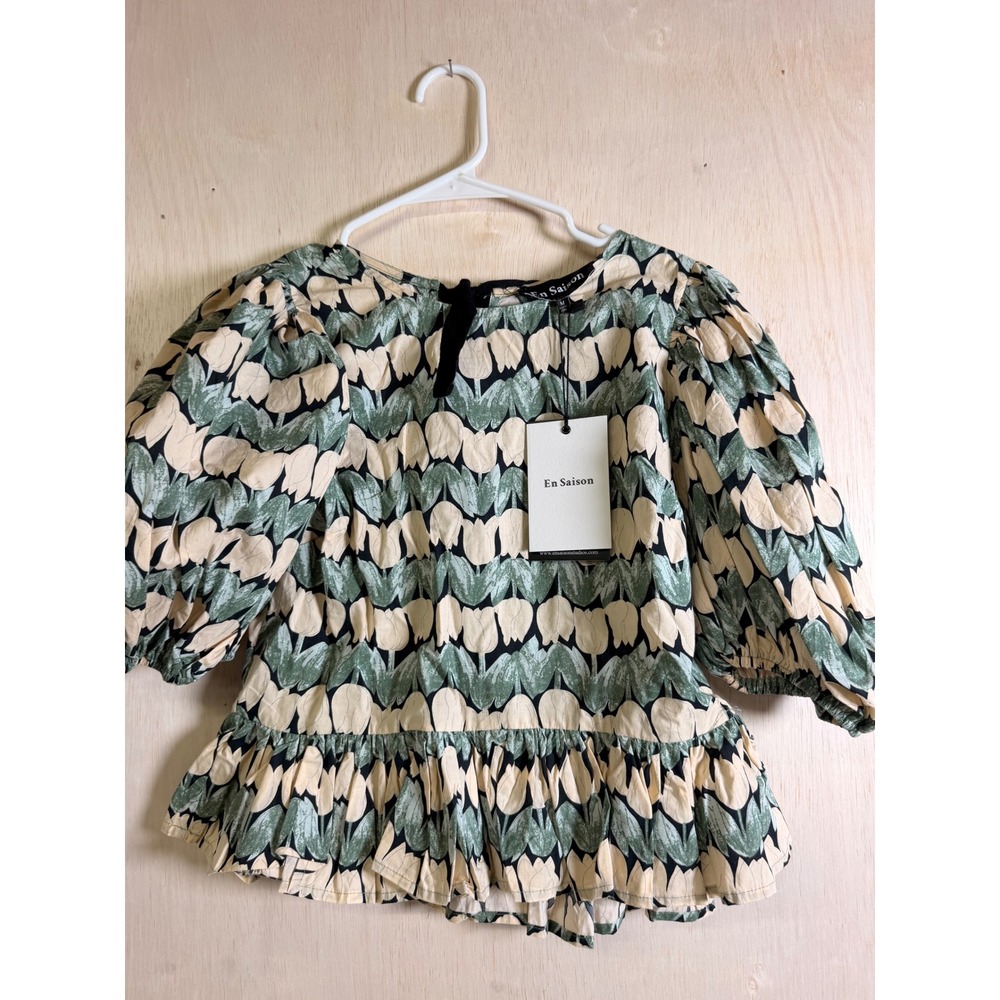 En Saison Tulip Print Puff Sleeve Blouse Women Medium Green Excellent IE13895T